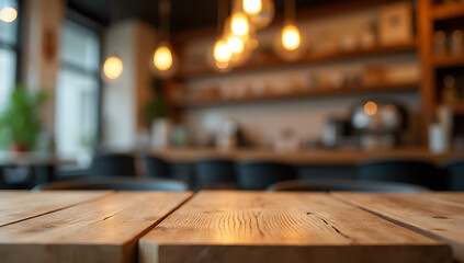 Poster - A wood table top is shown in a blurred background of a cafe shop with a light bulb above it._00001_