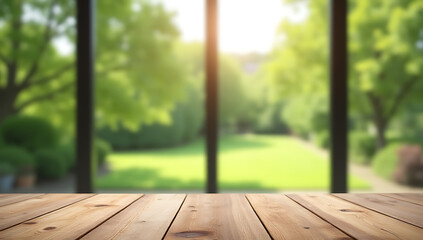 Aufkleber - A wood table top is in focus while a large window with a blurred garden and greenery creates a bokeh effect outside._00002_