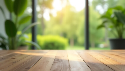 Aufkleber - A wood table top is in focus while a large window with a blurred garden and greenery creates a bokeh effect outside._00001_