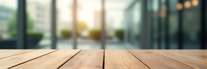 Aufkleber - A wood table is centered on a blurred glass wall background, creating an abstract and selective focus effect._00002_