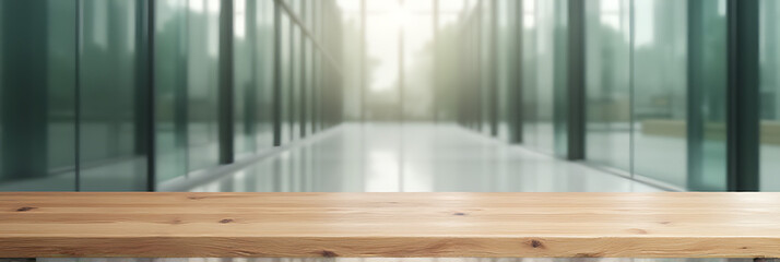 Aufkleber - A wood table is centered on a blurred glass wall background, creating an abstract and selective focus effect._00001_