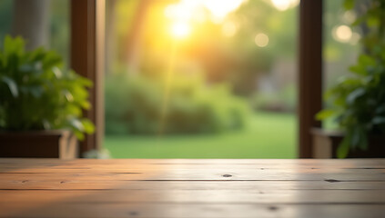 Poster - A wood table is centered in a blurred garden scene reflected through a window in the early morning light._00003_