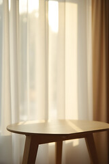 Poster - A white wooden table sits atop a blurred windowpane surrounded by a curtain in the warm glow of morning light._00002_