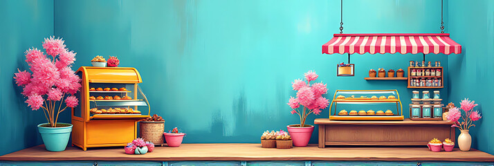 Aufkleber - A vibrant abstract art piece featuring a colorful bakery scene set against a soothing blue background with subtle brushstrokes and textures._00001_