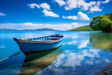  Charming Antique Boat Anchored amidst Lush Seascape - A Stunning Capture of Maritime Beauty and Tranquil Seashore