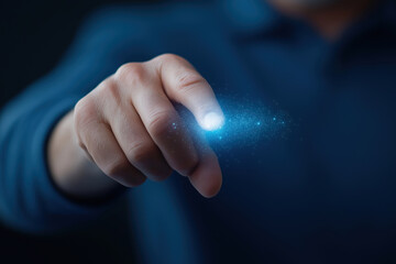Poster - Digital interaction with glowing light effect and human hand near black background