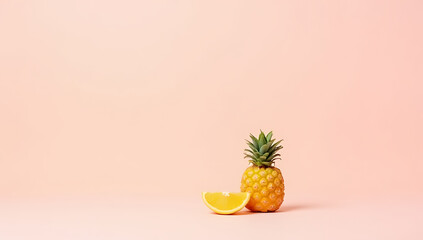 Poster - A small pineapple and a slice of orange sit together on a soft pastel colored background in perfect harmony._00002_