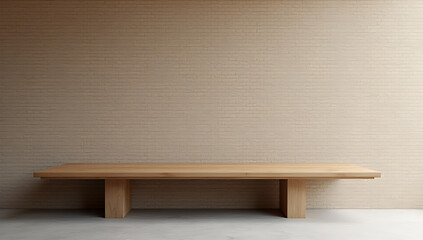 Poster - A simple wooden table sits atop a solid brick wall in a minimalist interior design concept._00002_