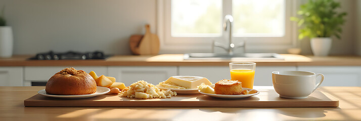 Aufkleber - A set of breakfast foods or a cake is placed on a kitchen table in front of a copy space background._00001_