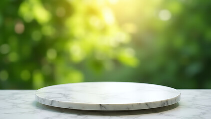 Poster - A selectively focused circle highlights a marble tabletop on a blurred green garden background for product displays or design layouts._00003_