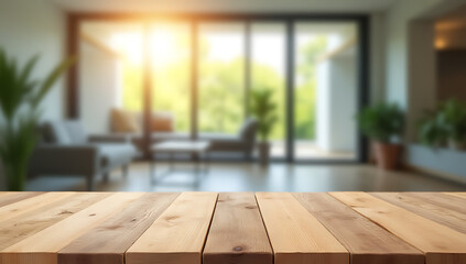 Aufkleber - A selective focus photograph of a wooden table top with blurred window glass in the background is created._00003_
