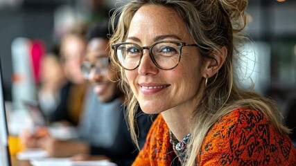 Aufkleber - Woman with glasses and a colorful sweater listens intently during a collaborative brainstorming session. The atmosphere is focused, with others engaged in creative discussion around her.