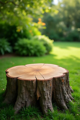 Poster - A rustic tree stump serves as a unique and visually appealing tabletop in a serene green garden setting for product displays or designs._00001_