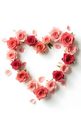 Poster - A romantic heart shape made of delicate roses with subtle flower petals on a clean white background evokes love and wedding concepts._00001_