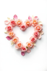Poster - A romantic heart shape made of delicate roses with subtle flower petals on a clean white background evokes love and wedding concepts._00002_