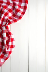 Aufkleber - A red checkered fabric is set against a white wooden table as the main element for a decorative key visual image._00003_