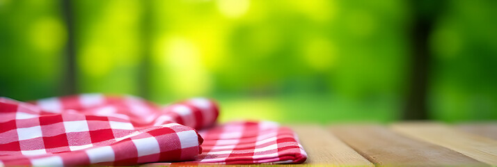 Poster - A red checked tablecloth sits atop a wooden surface, subtly blurred by the vibrant green bokeh of a nearby tree in focus._00001_