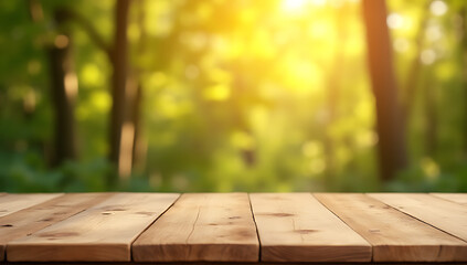 Aufkleber - A real wood table top with a blurred leafy tree background creates a warm and inviting outdoor dining atmosphere instantly._00002_