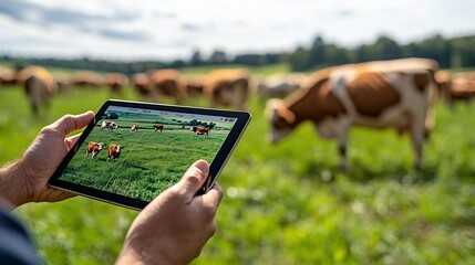 Farmer using tablet to monitor cows in pasture.