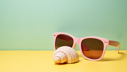 Poster - A pair of sunglasses and a seashell sit together on a brightly colored background in a visually appealing composition._00003_