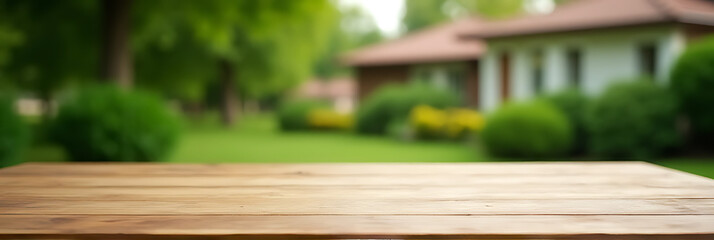 Aufkleber - A minimalist wooden table with an empty surface stands against a blurred backdrop of lush greenery from a nearby garden and house._00003_
