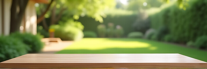 Aufkleber - A minimalist wooden table with an empty surface stands against a blurred backdrop of lush greenery from a nearby garden and house._00001_