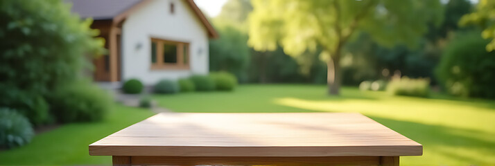 Aufkleber - A minimalist wooden table with an empty surface stands against a blurred backdrop of lush greenery from a nearby garden and house._00002_