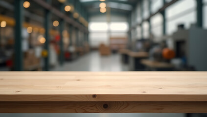 Aufkleber - A minimalist wooden table with a blank surface sits atop a blurred factory backdrop, ideal for product displays and layouts._00002_