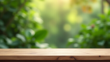Aufkleber - A minimalist wooden table with a blurred, abstract green background of plants and home decor in a garden setting._00001_