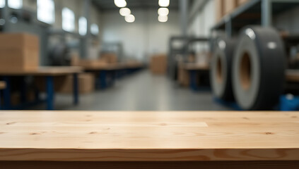 Aufkleber - A minimalist wooden table with a blank surface sits atop a blurred factory backdrop, ideal for product displays and layouts._00001_