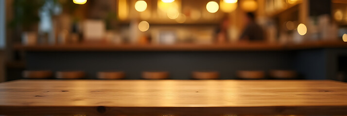 Aufkleber - A minimalist wooden table top is elegantly set against a blurred, golden bokeh in a dimly lit café background._00002_