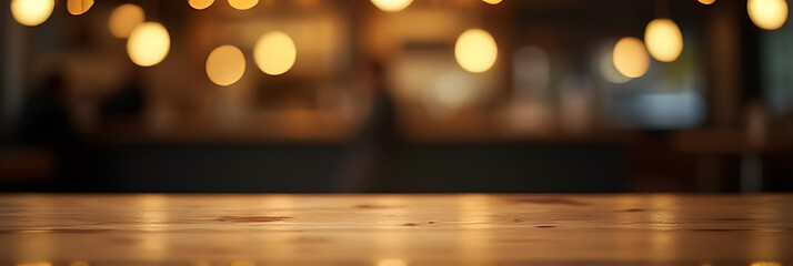 Aufkleber - A minimalist wooden table top is elegantly set against a blurred, golden bokeh in a dimly lit café background._00003_