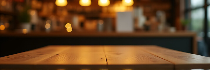 Aufkleber - A minimalist wooden table top is elegantly set against a blurred, golden bokeh in a dimly lit café background._00001_
