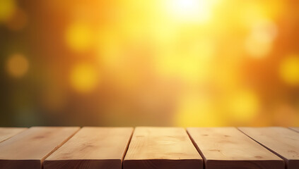 Poster - A minimalist wooden table top is depicted against a warm gold bokeh backdrop suitable for product displays and layouts._00002_