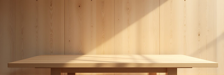 Poster - A minimalist wooden table stands against a matching wooden wall, ideal for showcasing products in design and marketing visuals._00003_