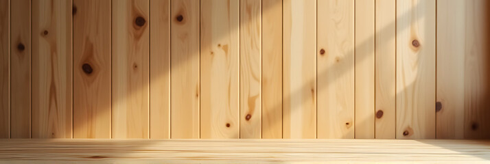 Poster - A minimalist wooden table stands against a matching wooden wall, ideal for showcasing products in design and marketing visuals._00002_