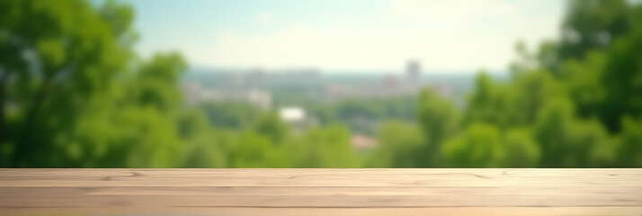 Aufkleber - A minimalist wooden table stands empty amidst a blurred background of lush greenery and cityscapes for a product display or key visual._00001_