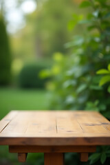 Aufkleber - A minimalist wooden table sits empty amidst an abstract blurred green garden background with no visible surroundings._00001_