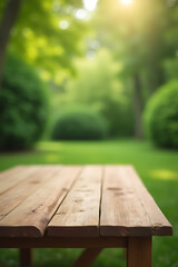 Aufkleber - A minimalist wooden table sits empty amidst an abstract blurred green garden background with no visible surroundings._00002_