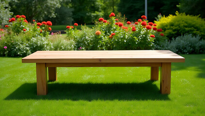 Poster - A minimalist wooden table sits atop a lush lawn, surrounded by a vibrant morning garden, ideal for creative displays._00003_