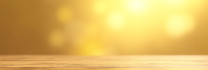 Poster - A minimalist wooden table is set against a warm, blurred light gold background in an artistic abstract composition._00003_