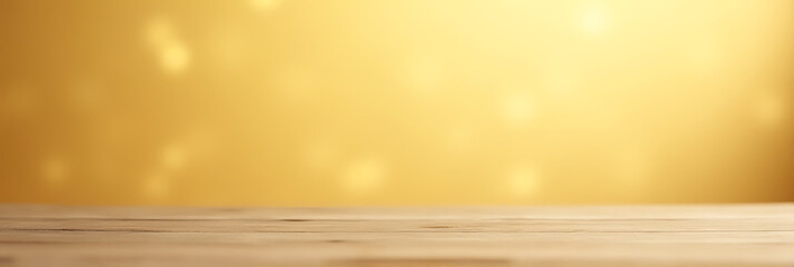 Poster - A minimalist wooden table is set against a warm, blurred light gold background in an artistic abstract composition._00002_