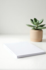 Poster - A minimalist setup features a simple white notepad next to a small potted eucalyptus plant on a clean worktable._00001_