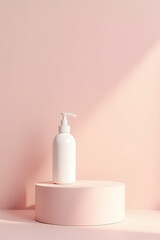 Poster - A minimalist pedestal podium stand displays a product with long shadow against a soft pastel colored background for packaging presentation._00001_