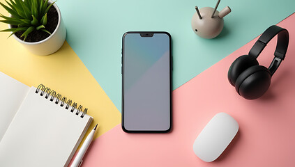 Aufkleber - A minimalist office setup featuring a smartphone, modern accessories, and office supplies arranged neatly on a colorful desk table backdrop._00002_