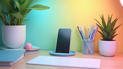 Aufkleber - A minimalist office setup featuring a smartphone, modern accessories, and office supplies arranged neatly on a colorful desk table backdrop._00001_