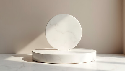 Aufkleber - A minimalist design for a product display platform featuring a top circle marble stone element amidst selective focus._00002_