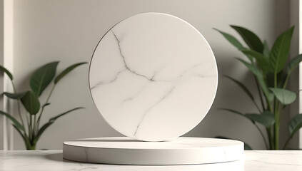 Aufkleber - A minimalist design for a product display platform featuring a top circle marble stone element amidst selective focus._00001_
