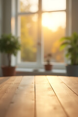 Poster - A minimalist design concept featuring a blank wooden table surface set against a blurred window background with warm sunlight streaming in._00002_
