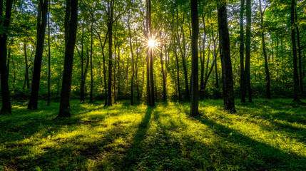  Sunlight filtering through the lush green forest in spring.